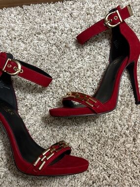 Guess Red Suede High Heel Sandals with Gold Chain Accent